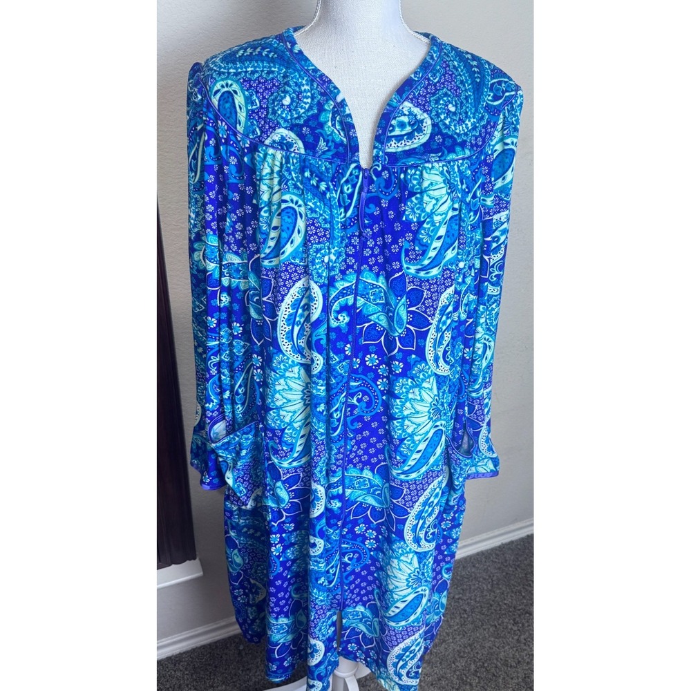 Lissome Lounge Womens blue teal paisley long robe full zip 3X microfleece soft